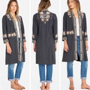 Johnny‎ Was Marushka Cardigan XS Gray Floral Embroidered Boho Hippie Open Front